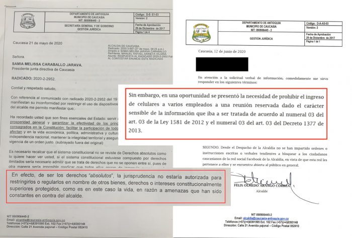 Comparación de las respuestas de la Alcaldía de Caucasia (21 de mayo y 12 de junio) sobre la prohibición para el ingreso de celulares al despacho de Arango.