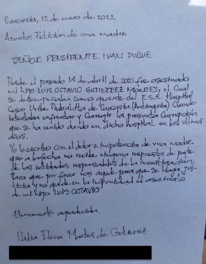 Carta de la madre de Luis Octavio Gutiérrez, Nidia Elena Montes, dirigida al presidente Iván Duque.
