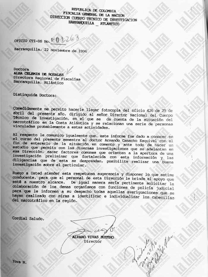 Carta de noviembre de 1996 firmada por Vivas Botero dirigida a Alba Celemín de Rosales, directora Regional de Fiscalías de Barranquilla.