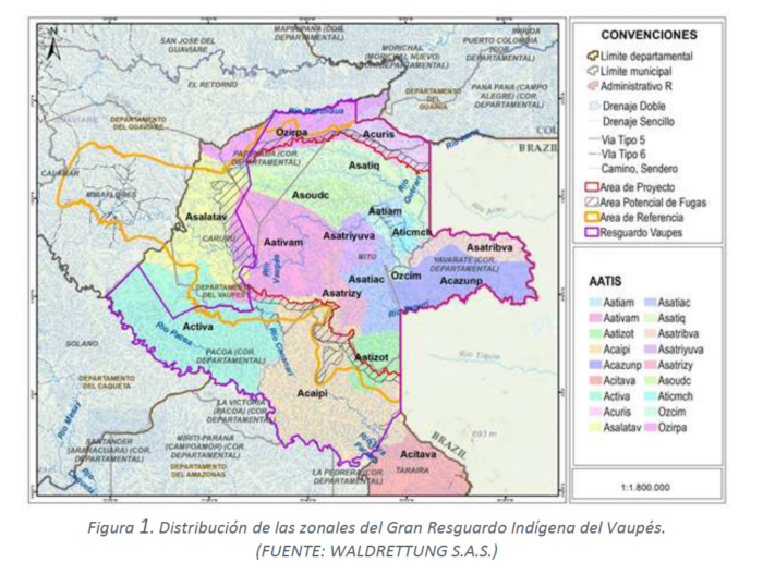 Captura de pantalla mapa Distribución de las zonas del Gran Resguardo Indígena Vaupés. Waldrettung.