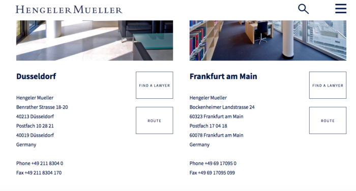 Imagen tomada de la página web de la empresa Hengeler Mueller en la que se ve la dirección de su sede en Frankfurt
