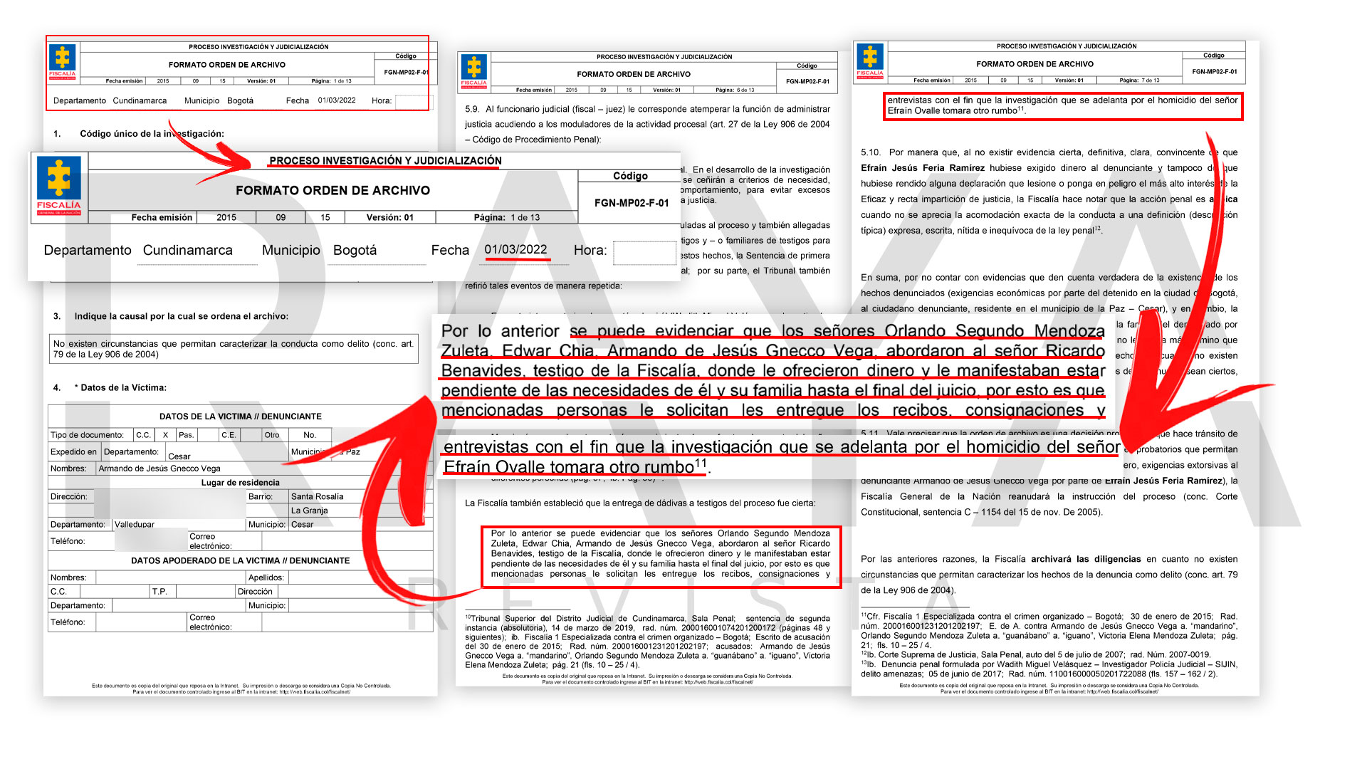Documento de la Fiscalía relacionado con declaraciones sobre el asesinato de Efraín Ovalle.