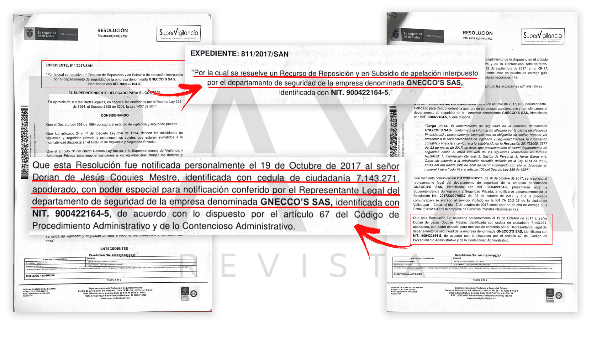 Documento de la SuperVigilancia donde aparece Coquies Maestre, apoderado para ser notificado del proceso relacionado con el departamento de seguridad de Gnecco.