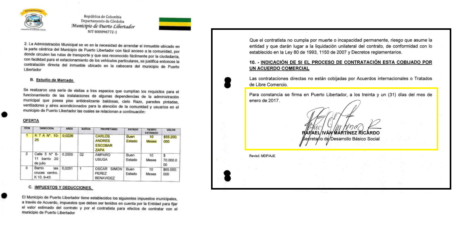Documentos obtenidos a través de una petición a la Alcaldía de Puerto Libertador de diciembre de 2022.