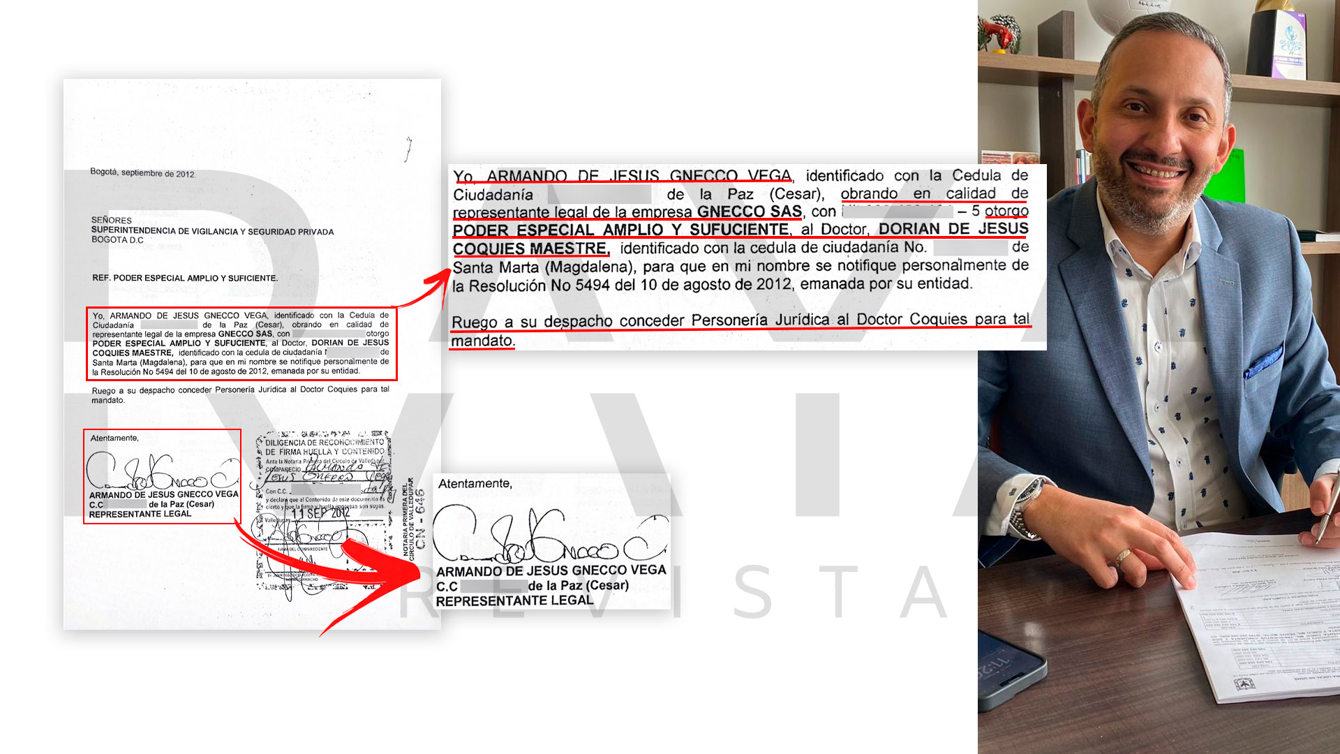 Extractos del documento donde consta el poder que le dio Gnecco al abogado Coquies Maestre, junto a su foto tomada de Twitter como actual alcalde local (e) de Usme, Bogotá.