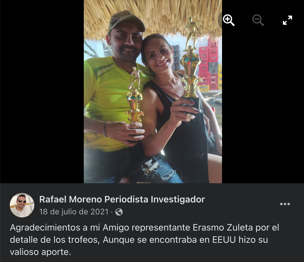 Publicación de Facebook de Rafael Moreno agradeciendo a Erasmo Zuleta, el 18 de julio de 2021.