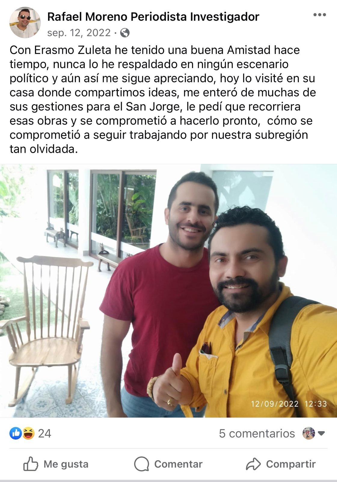 Publicación de Facebook de Rafael Moreno hablando de su entrevista a Erasmo Zuleta, el 12 de septiembre de 2022