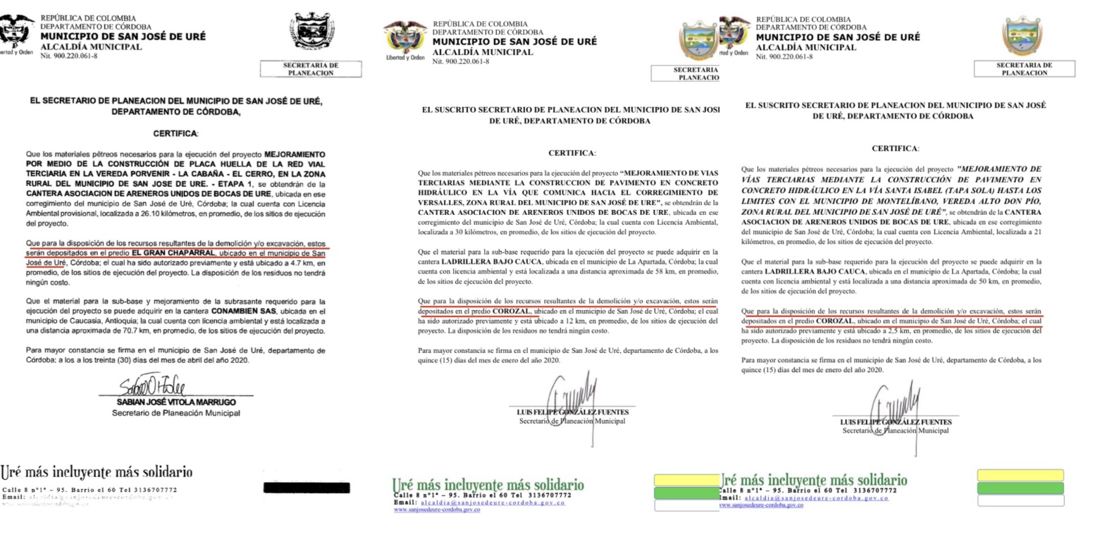 Certificados de la Alcaldía de San José de Uré que designan a las fincas Chaparral y Corozal como depósito de escombros para los consorcios Versalles, Corredor Vial y vía a la vereda El Cerro