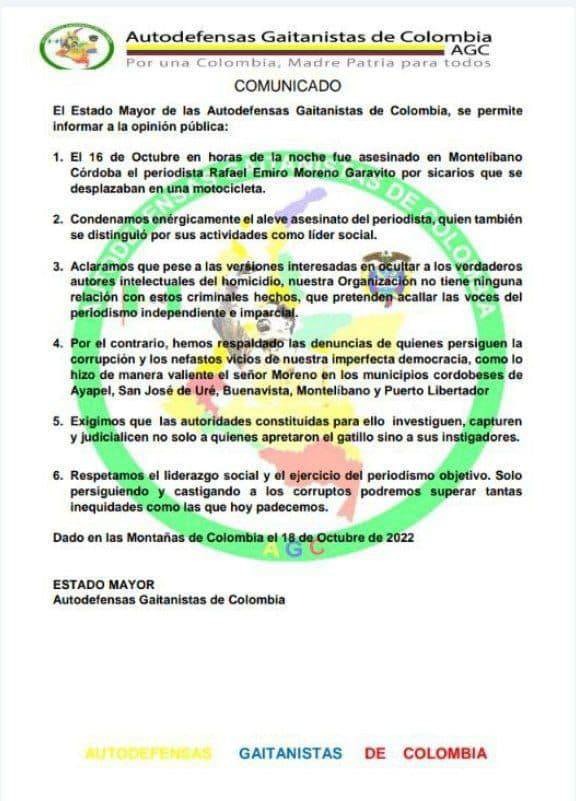 El 18 de octubre de 2022 el Clan del Golfo negó la autoría del asesinato del periodista Rafael Moreno.