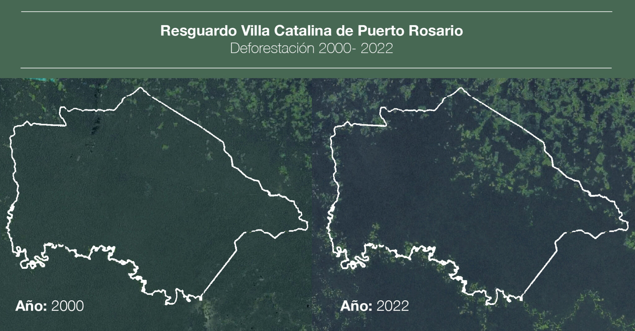 Paralelo de dos mapas evidencian el avance de la deforestación dentro del resguardo indígena inga Villa Catalina de Puerto Rosario entre el año de creación del resguardo (2000) y el 2022. Fuente: Google Earth.