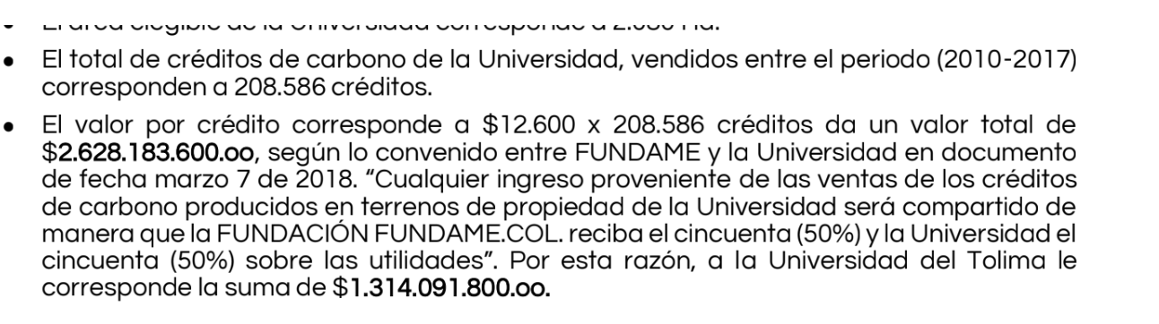Según confirma un informe de gestión de la Universidad del Tolima, el proyecto Redd+ ha vendido 208.586 créditos de carbono y a ésta le corresponden la mitad de esos ingresos. Fuente: Informe de gestión de la Universidad del Tolima de 2023.