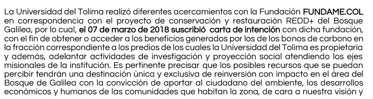 Un documento interno de la Universidad del Tolima de 2023 señala que firmó carta de intención con Fundación Amé desde 2018. Fuente: Informe de gestión, Universidad del Tolima.