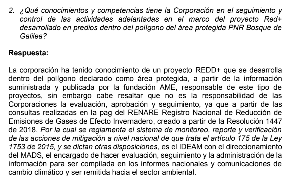 Respuesta de la autoridad ambiental del Tolima que afirma conocer el proyecto Redd+ en el 2019. Fuente: Respuesta de Cortolima al congresista David Racero.